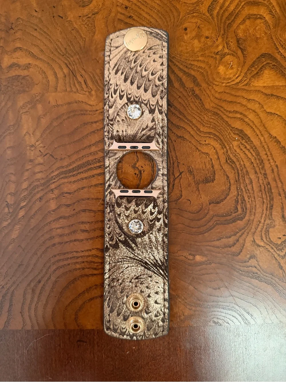 Embellished Metallic Feather Leather Apple Watch Cuff Band